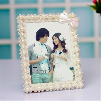 欧式婚庆相框6/7/8/10寸珍珠镶钻摆台结婚礼物影楼摆台水晶摆件 心形双框 3寸心形