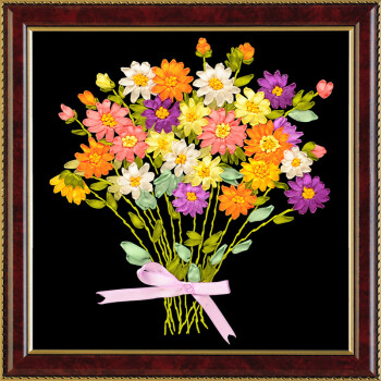 
                                                            悠趣 手工绣丝带绣套件 小幅卧室装饰挂画 花束 黑色绣布 百花争艳 A-153小版30x30CM                