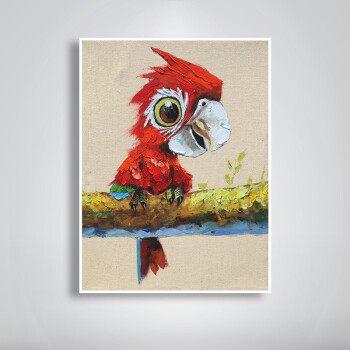 印象斑斓 红鹦鹉 原创可爱卡通动物手绘油画 创意礼品 儿童房装饰挂画