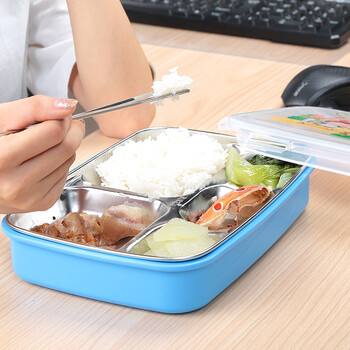 
                                        304不锈钢儿童饭盒可爱餐盘卡通带盖防烫儿童小学生女士便当盒分格粉红蓝色 浅蓝色 一层                