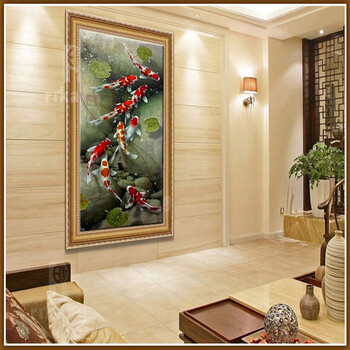 
                                        日康 九鱼图玄关油画 纯手绘定制装饰画 竖版现代客厅走廊卧室书房壁画 荷花单幅风水挂画 5057宫廷金 60x90                