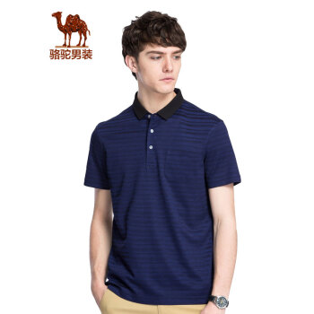 骆驼（CAMEL）男装 夏季薄款暗纹休闲翻领t恤青年条纹短袖上衣 宝蓝 XL