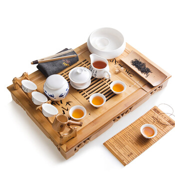 雅集陶瓷茶具套装功夫茶 景德镇白瓷茶道套装 带竹茶盘茶海