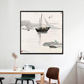 
                                        格丽新中式装饰画企业办公室挂画 吴冠中写意山水风景水墨画国画 河流船只 两联黑白装饰字画 两联组合 40*40cm                