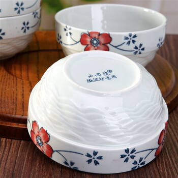 
                                        山田烧米饭碗 陶瓷碗套装(5英寸)釉下彩汤碗日式护边碗(4只装) 瑞雪红                