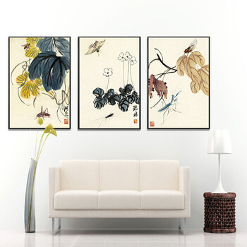 
                                        格丽名家名画 齐白石国画装饰字画原版艺术喷绘画 植物壁画中式田园风格客厅装饰画挂画有框画 三联组合 70*90cm                