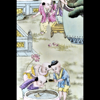 迪胜 景德镇陶瓷粉彩仿古瓷板画五子登科 中式装饰画客厅走廊壁画 仿古实木框红木色