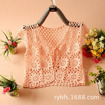 镂空罩衫 短袖手钩毛衣 <em>打底</em>针织衫<em>开衫</em> <em>粉色</em>【
