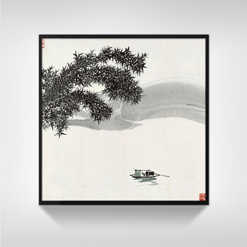 
                                        格丽新中式装饰画企业办公室挂画 吴冠中写意山水风景水墨画国画 河流船只 两联黑白装饰字画 两联组合 40*40cm                