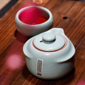 
                                        东器汝窑陶瓷开片一壶一杯功夫茶具套组茶杯茶壶旅行套装快客杯                