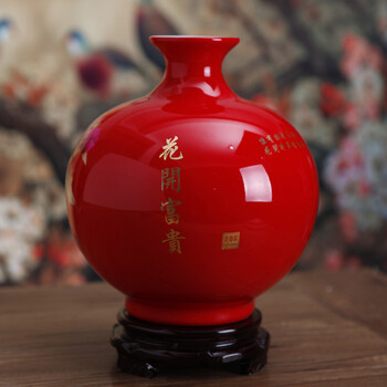 御雕坊 景德镇陶瓷花瓶工艺品摆件 酒柜电视柜办公室房间装饰品摆件 现代时尚家居客厅摆件 麦秆中国红石榴瓶