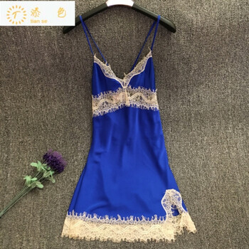 】女性感高贵修身聚拢深v蕾丝吊带睡裙睡衣家居服真丝 宝蓝色 xl