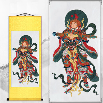 sanjin伽蓝菩萨韦陀菩萨画像丝绸卷轴挂画 寺庙佛堂护法神装饰画 f