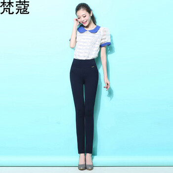 梵蔻2016春秋新款外穿大码休闲打底裤女 修身显瘦高腰小脚长裤 铅笔裤 1021 藏青色 XL