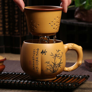 
                                                            尊壶 宜兴梅兰竹菊紫砂杯475ml 蟹黄泥三件杯紫砂茶杯泡茶杯紫砂盖杯带盖过滤 单色竹                