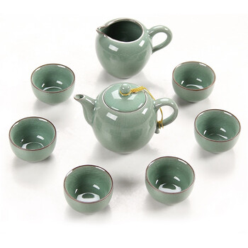 
                                        金镶玉 功夫茶具 8头美人哥窑套组 陶瓷茶杯茶壶公道杯整套                
