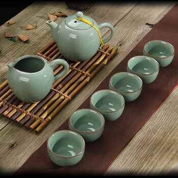 
                                        金镶玉 功夫茶具 8头美人哥窑套组 陶瓷茶杯茶壶公道杯整套                