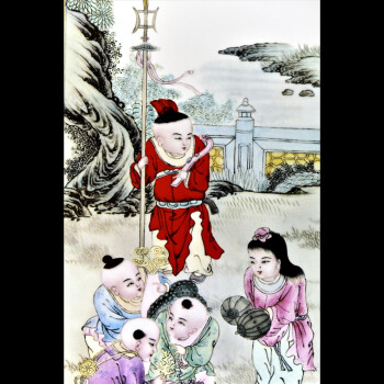 迪胜 景德镇陶瓷粉彩仿古瓷板画五子登科 中式装饰画客厅走廊壁画 仿古实木框红木色
