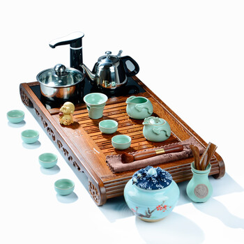 晨茗 宜兴紫砂茶具套装整套茶具茶叶罐组合 电磁炉茶具茶盘套装四合一带消毒锅烧水壶 五福电磁炉茶盘巧云套装