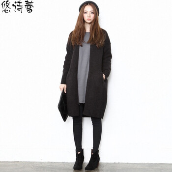 悠诗蕾2015秋冬新款宽松蝙蝠袖加厚针织衫开衫中长款毛衣外套女077 黑灰色 M