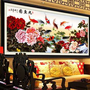 织巢鸟5D钻石画客厅新款花开富贵牡丹九鱼图钻石绣方钻满钻贴钻画客厅贴点钻石十字绣3d九鱼图 方钻满钻 250*110cm