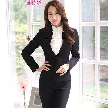 茵特娇 小西装女士修身职业装女装套装小西服女秋装外套正装工作服 外套+白衬衫+裤子 黑外套+黑裤 L