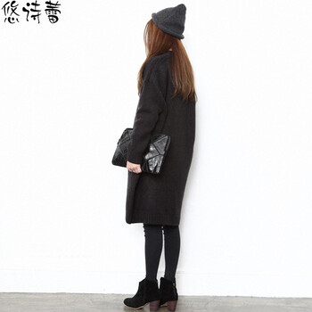 悠诗蕾2015秋冬新款宽松蝙蝠袖加厚针织衫开衫中长款毛衣外套女077 黑灰色 M