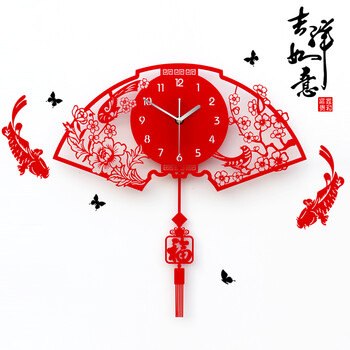 
                                        俏然居家现代简约艺术时钟时尚客厅静音挂钟创意石英钟卧室扇形日用钟表 挂钟+吉祥如意鲤鱼贴画 20英寸                