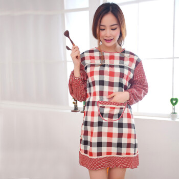 
                                        JLY  围裙长袖 厨房成人罩衣 幼儿园画画工作服反穿衣春夏款 大红格                