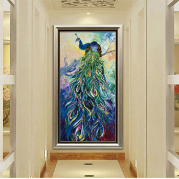 水竞玄关油画新中式装饰画竖版欧式走廊挂画客厅墙画现代挂画孔雀 A款 70*140