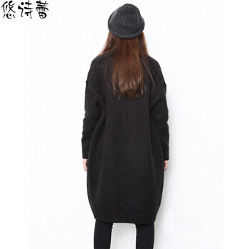 悠诗蕾2015秋冬新款宽松蝙蝠袖加厚针织衫开衫中长款毛衣外套女077 黑灰色 M