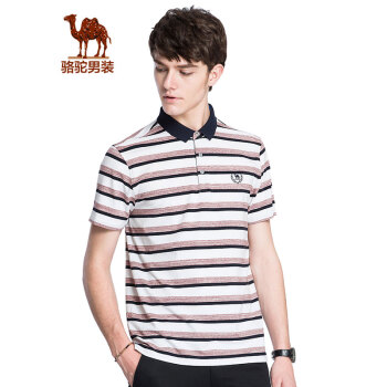 骆驼（CAMEL）男装 夏季帅气翻领短袖绣标舒适微弹条纹t恤衫 沙司红 XL
