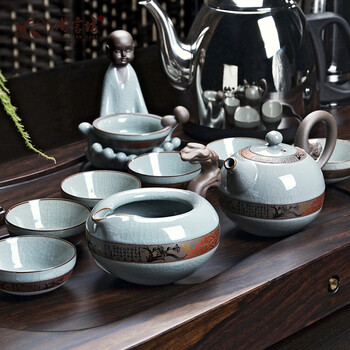 尚言坊茶具 整块黑檀木二合一实木茶盘 茶道紫砂汝窑功夫茶具套装 黑檀小圆融三合一哥窑绿龙珠壶