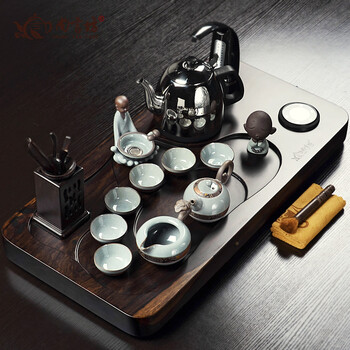 尚言坊茶具 整块黑檀木二合一实木茶盘 茶道紫砂汝窑功夫茶具套装 黑檀小圆融三合一哥窑绿龙珠壶