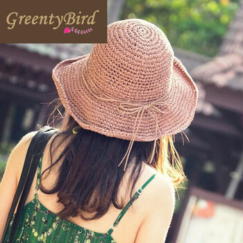 greentybird遮阳帽女士手工钩针草编帽子蝴蝶结盆帽 可折叠渔夫帽