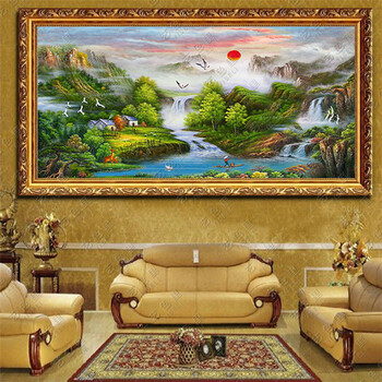 艺色里聚宝盆油画 风水画 纯手绘大幅山水风景客厅装饰画壁画挂画横版 1号实木框6厘米 其它尺寸定制代拍