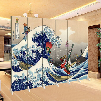 知茗浮世绘海浪日本背景墙折叠屏风隔断时尚客厅玄关