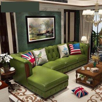 美式真皮沙发头层木家具简约小户型客厅组合美式转角乡村油蜡皮奥玛斯