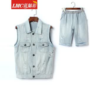 蓝魅彩 夏季<em>男士短袖</em>条纹<em>牛仔马甲</em>韩版 潮 修身