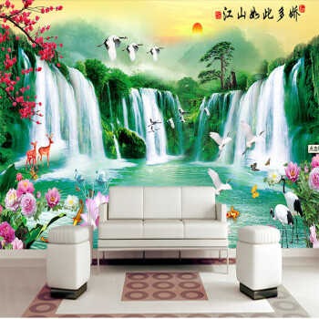 大型壁纸壁画中式山水风景图 迎客松仙鹤牡丹