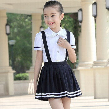 新款男女童夏季童装短袖小学生学院风校服儿童演出服装 女童上衣 裙子