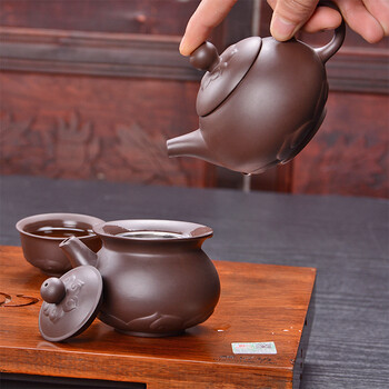 言艺 茶具套装 莲花紫砂配重竹静心茶盘套装