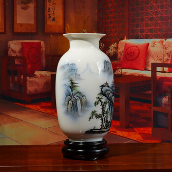 
                                        东方泥土 陶瓷手绘花瓶摆件 客厅博古架装饰品/青山龙瀑D59-16                