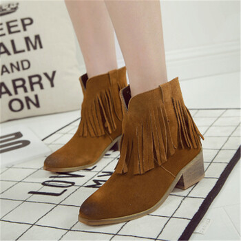 黑先生秋季新款 欧美新款流苏短靴真皮粗跟马丁靴中跟