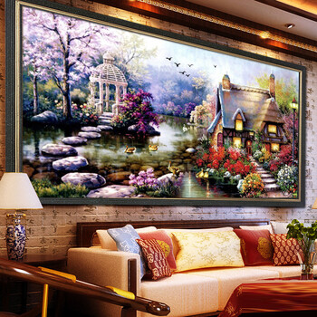 
                                        花园小屋钻石画圆钻满钻 欧式新款5D贴钻十字绣 客厅方钻钻石绣 150*78 厘米水晶圆钻 满钻                