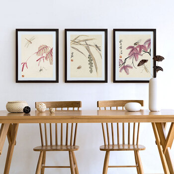 
                                        山迪 新中式客厅装饰画沙发背景墙三联画卧室挂画餐厅壁画齐白石水墨画 齐白石JKA三联画 40x50cm木色画框                