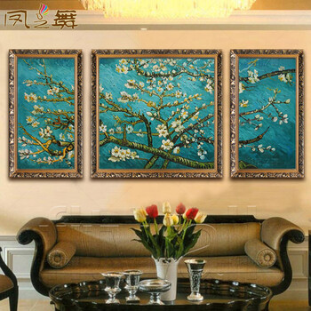 
                                        凤之舞 名画梵高手绘油画花卉盛开的杏花欧式客厅油画别墅挂画玄关装饰画三联 欧式框3 80x60                