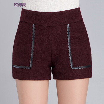 欧偲麦 毛呢<em>短裤女秋冬2015</em>新品修身显瘦休闲