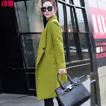 诗馨毛呢外套女2015新款秋冬装中长款气质呢子韩版加厚女装毛呢大衣女3610 绿色 XXL