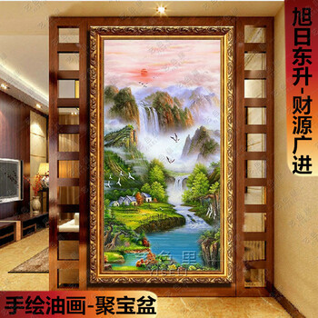 艺色里左右逢源手绘油画聚宝盆画客厅玄关有框画旭日东升风水画竖版 1号实木框6厘米 其它尺寸定制代拍